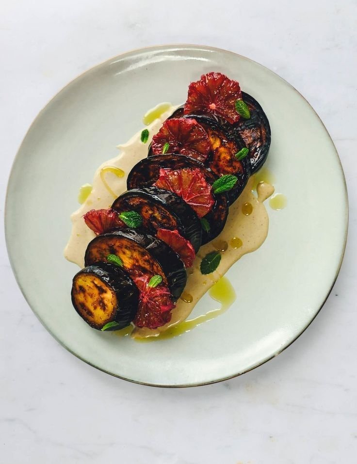 Miso-glazed aubergine over black rice